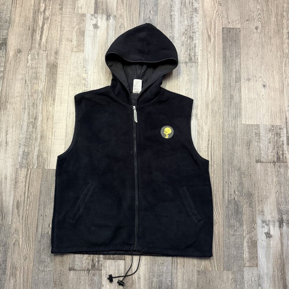 WB Tweetie Bird Black Fleece Lined Full Zip Hooded Vest (Size XL) Double Sided